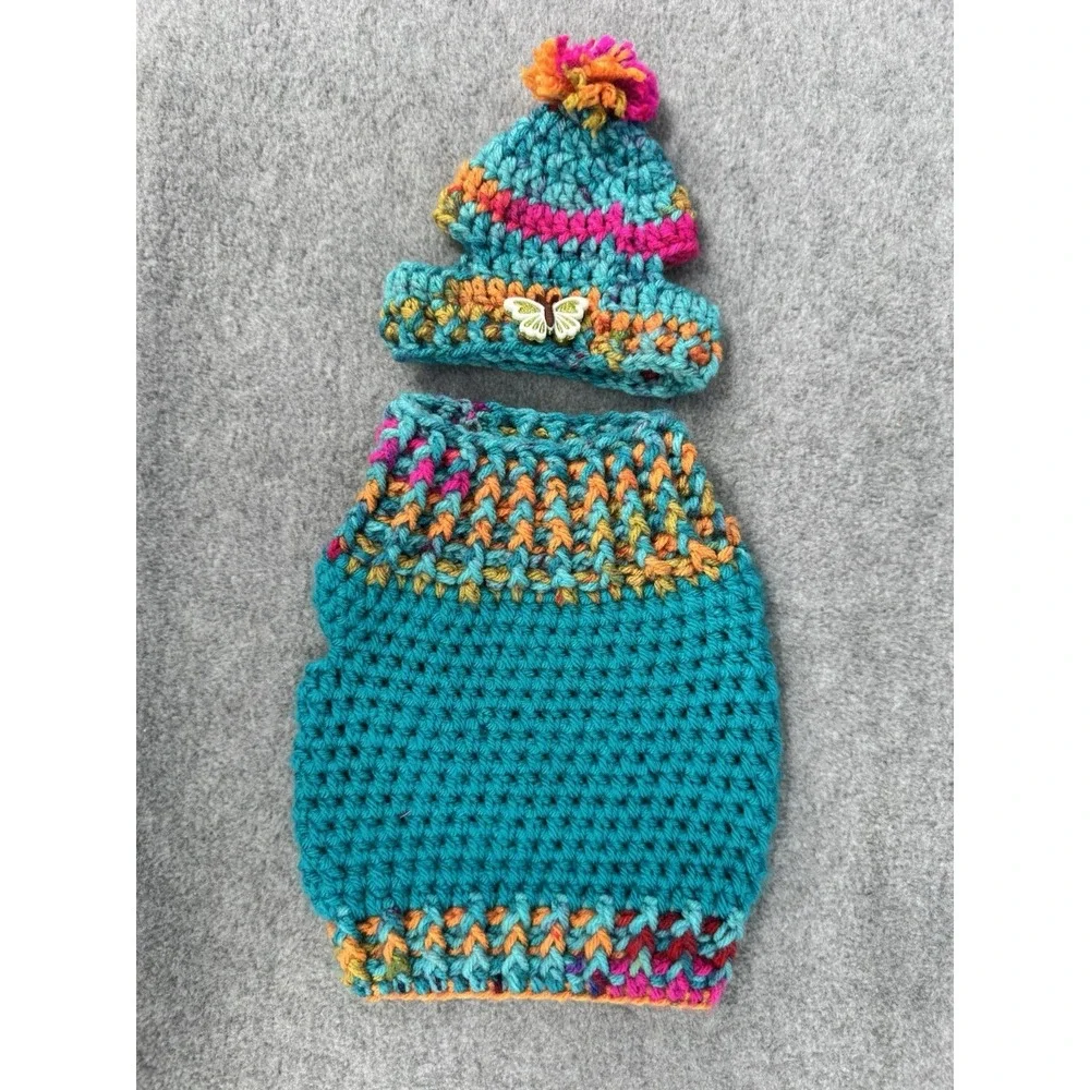 Dog Sweater & Hat Set Small Teal Multicolor‎ Handmade Crochet Pom Pom Puppy